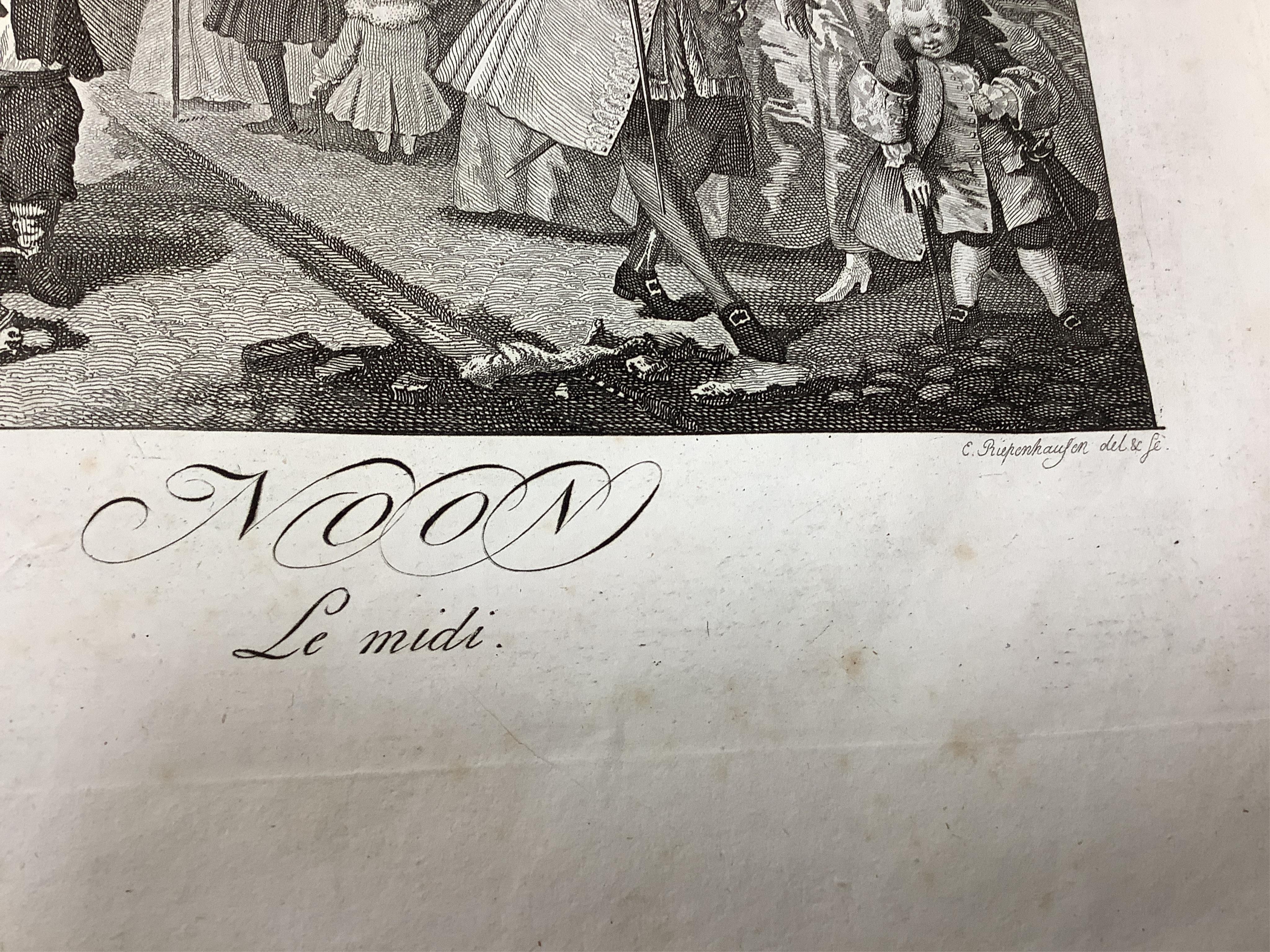 An album of 18th century and later etchings after William Hogarth (1697-1764), to include 'The Reward of Cruelty', 'Strolling Actresses Dressing in a Barn' and 'The Company of Undertakers', with handwritten ink itinerary